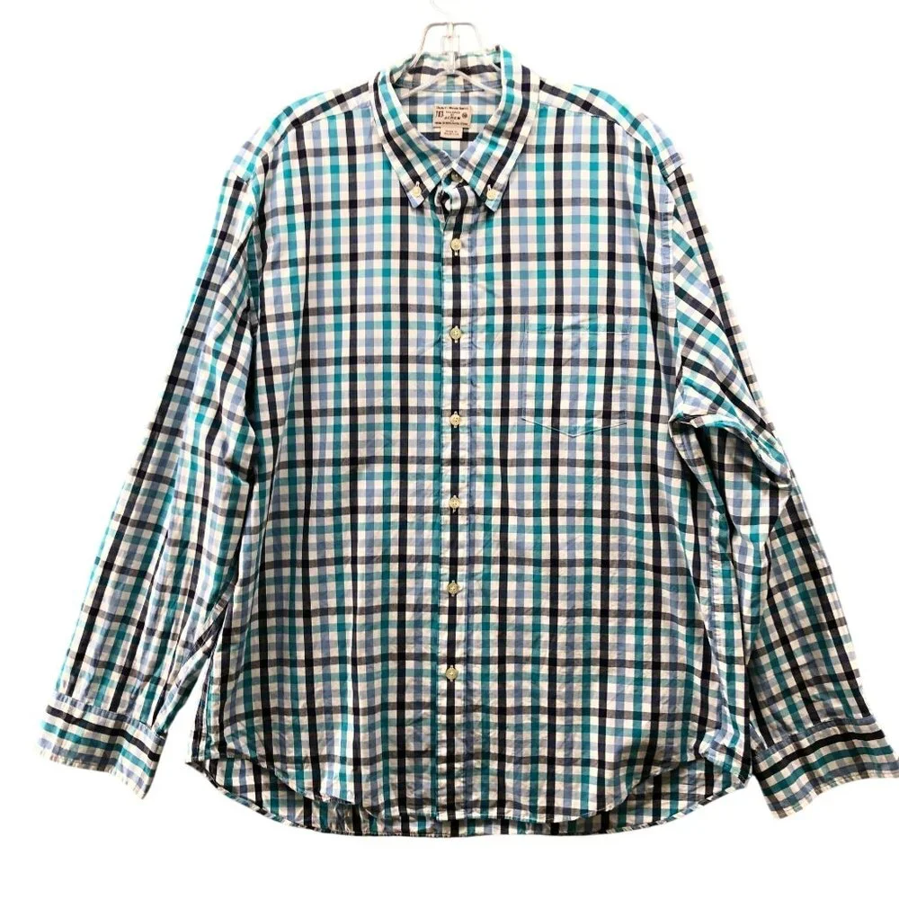 J.‎ Crew Long Sleeve Button Down Shirt Mens XL Blue White Plaid Cotton Tailored